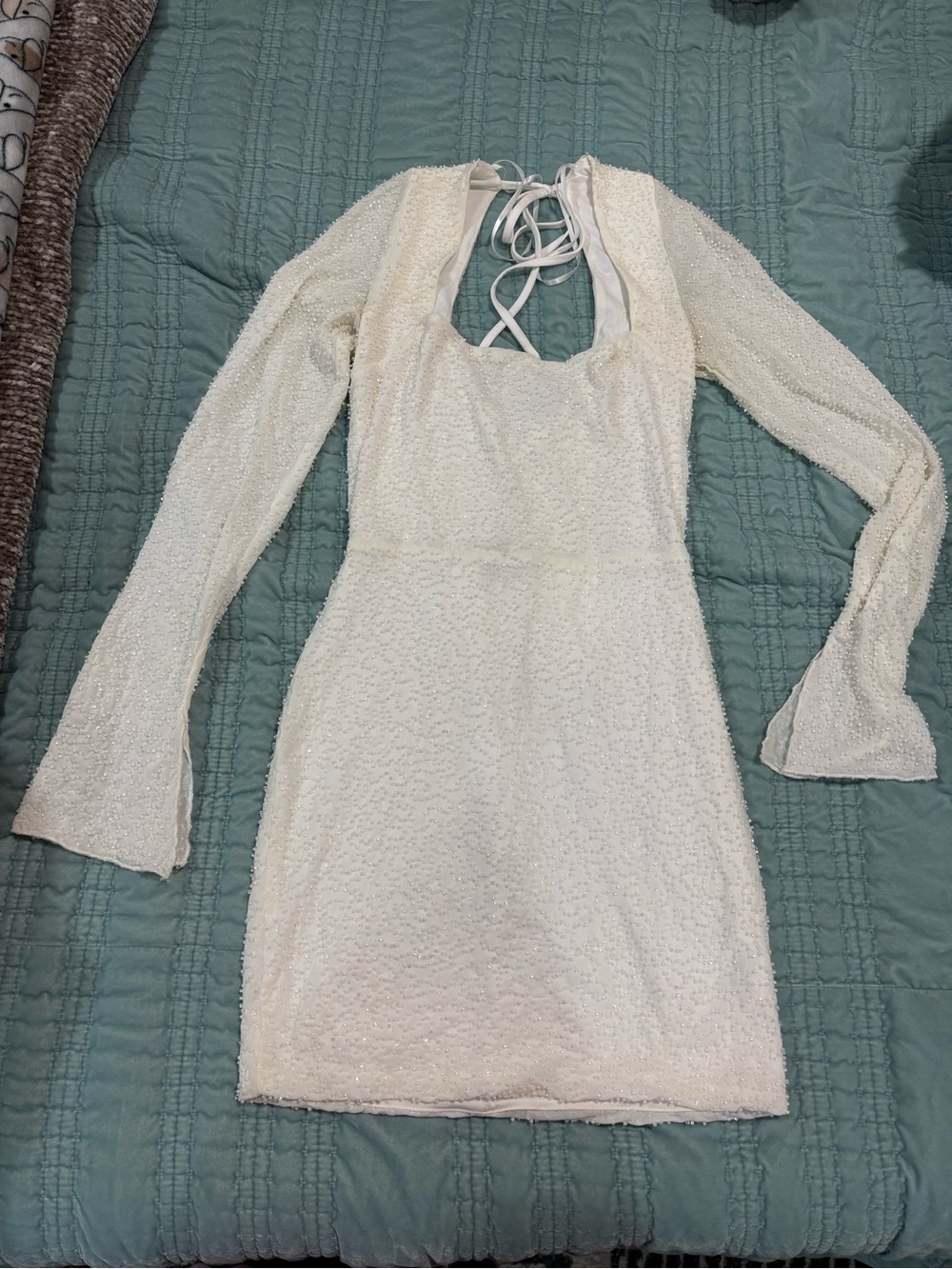 Windsor Ivory Long-Sleeve Lace-Up Back Mini Dress